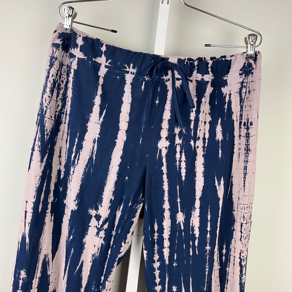 XCVI Wide Leg Pants Womens L Navy Blue Tie Dye Drawstring Waist Rayon Blend